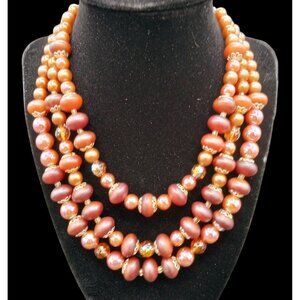 Triple Strand Beaded Choker 1.75 Inch Drop 12 Inches Long Hook Clasp Vintage